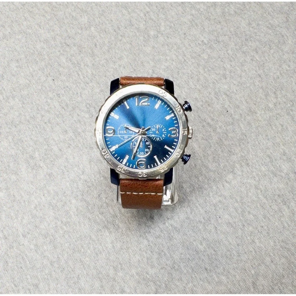 Folio 46mm Blue Silver Tone Watch Brown Leather Band New Battery‎ Chrono Style